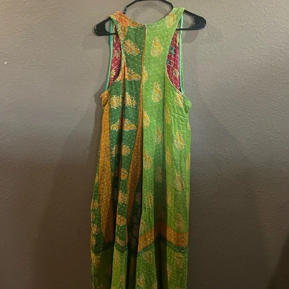 Green Sleeveless Maxi Dress with Floral Accents. Upscale with Kantha material - Picture 3 of 3